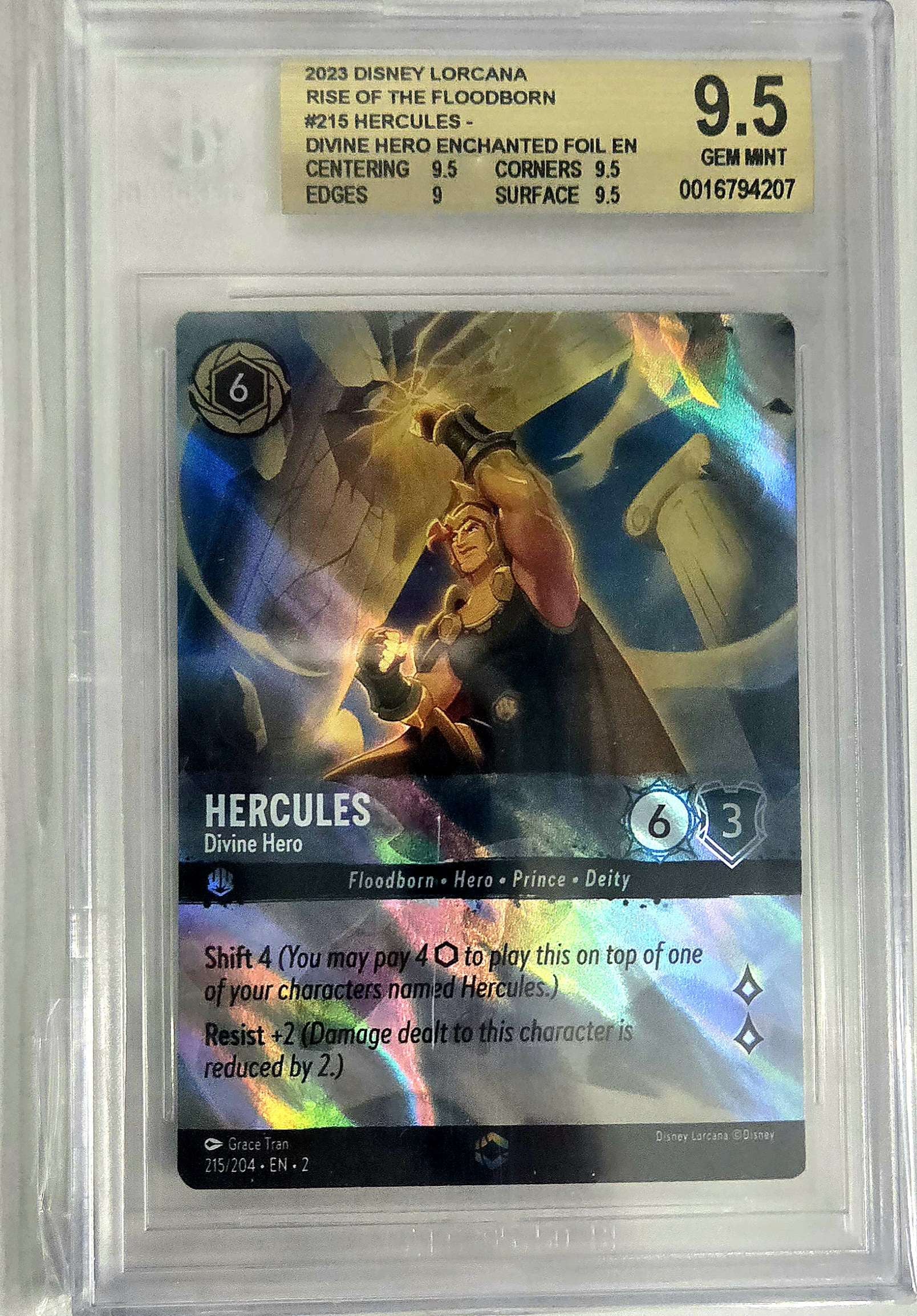 BGS - 9.5 2023 Disney Lorcana Rise Of The Floodborn #215 Hercules - Divine Hero Enchanted Foil EN