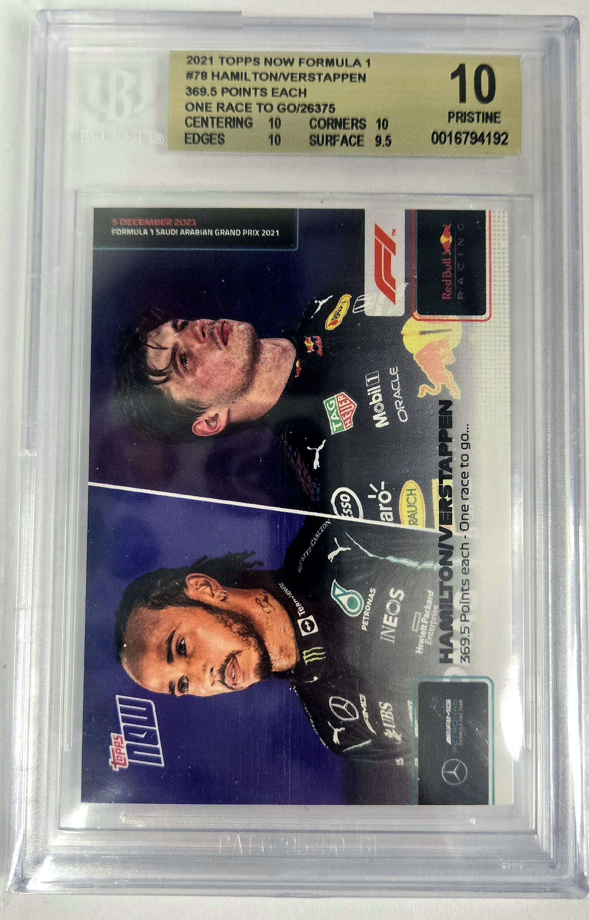 BGS - 10 2021 Topps Now Formula 1 #78 Hamilton/Verstappen 369.5 Points Each One Race To Go/26375