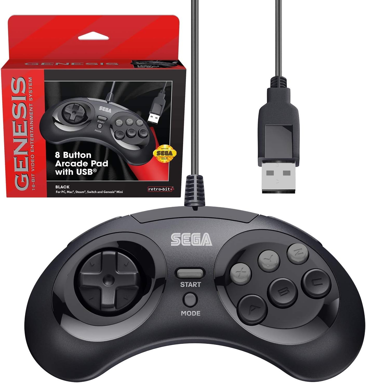 Official Sega Genesis USB Controller 8-Button Arcade Pad for Sega Genesis Mini | Black 3rd Party [Retro-Bit]