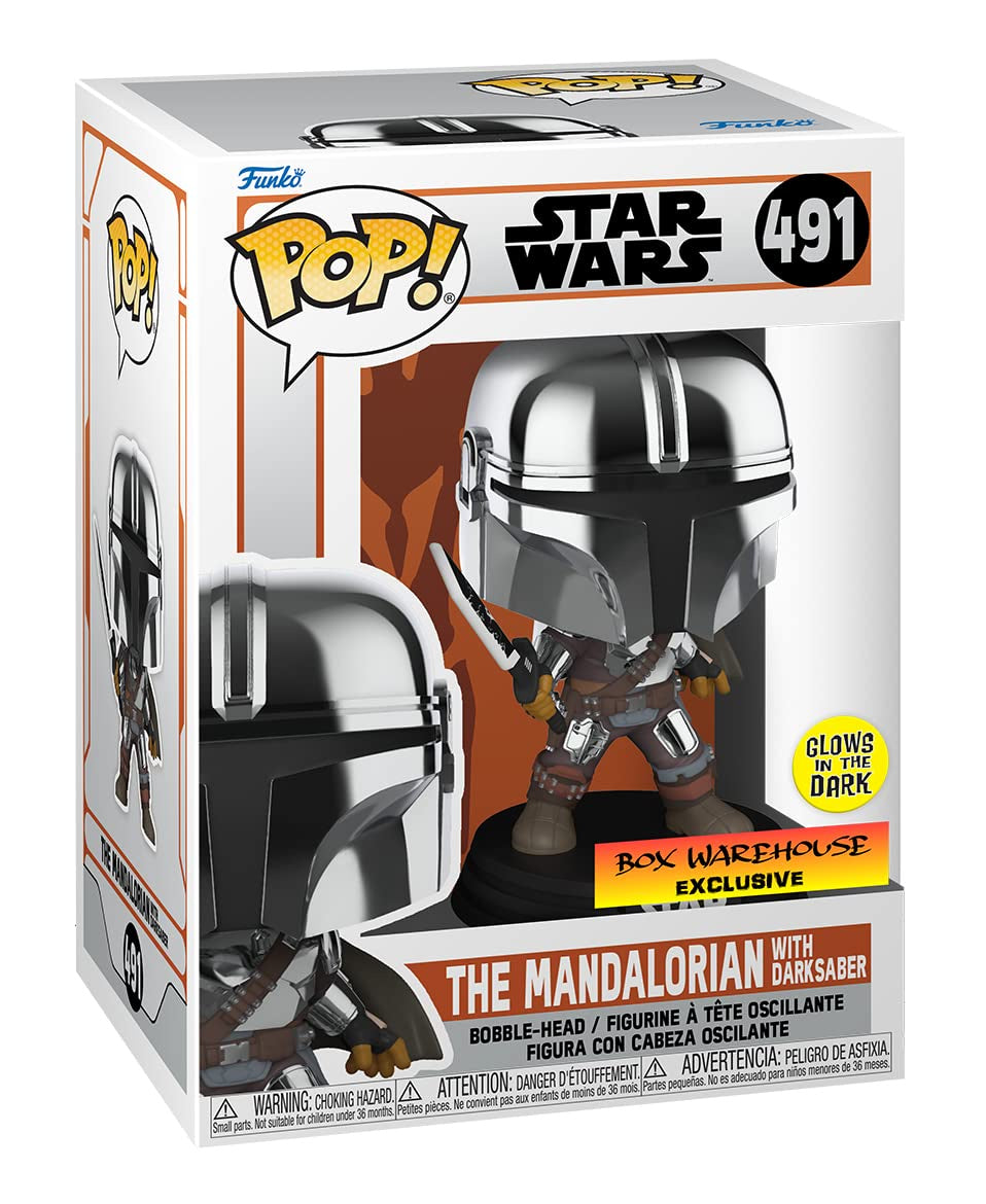 #491 The Madalorian - The Mandalorian With Darksaber Star Wars {Box Warehouse Exclusive] [Glow In The Dark] Funko Pop