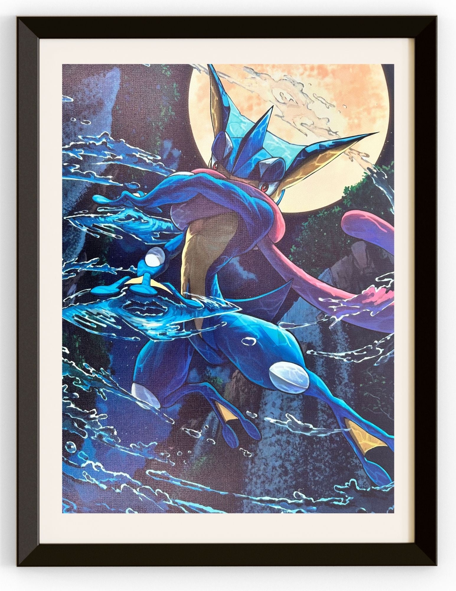 Greninja Throwing Water In Front Of The Moon Canvas Prints