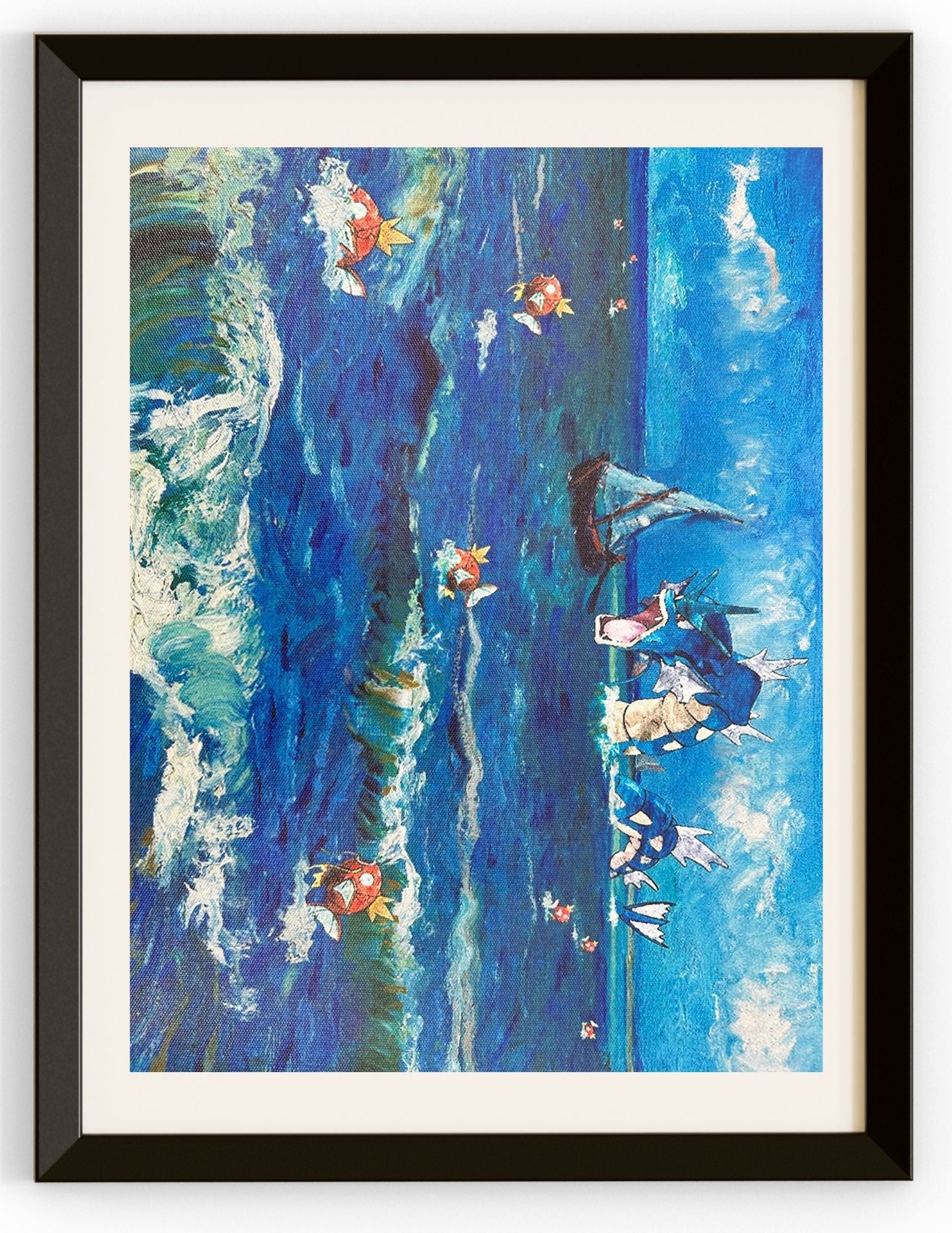 Gyarados & Magikarp Swimming Through The Waves With A Sailboat Canvas Prints