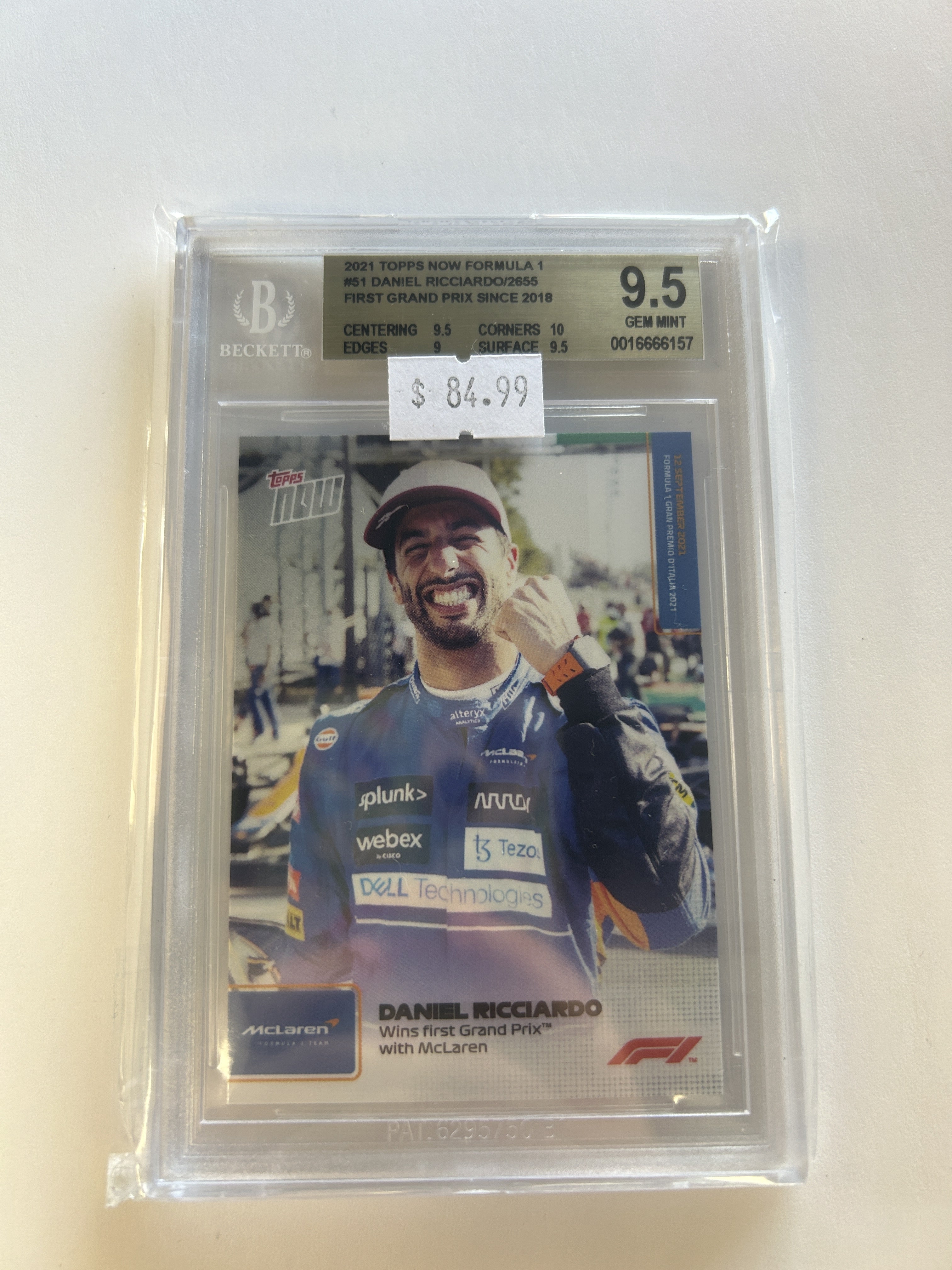 BGS - 9.5 2021 Topps Now Formula 1 #51 Daniel Ricciardo/2655 First Grand Prix Since 2018