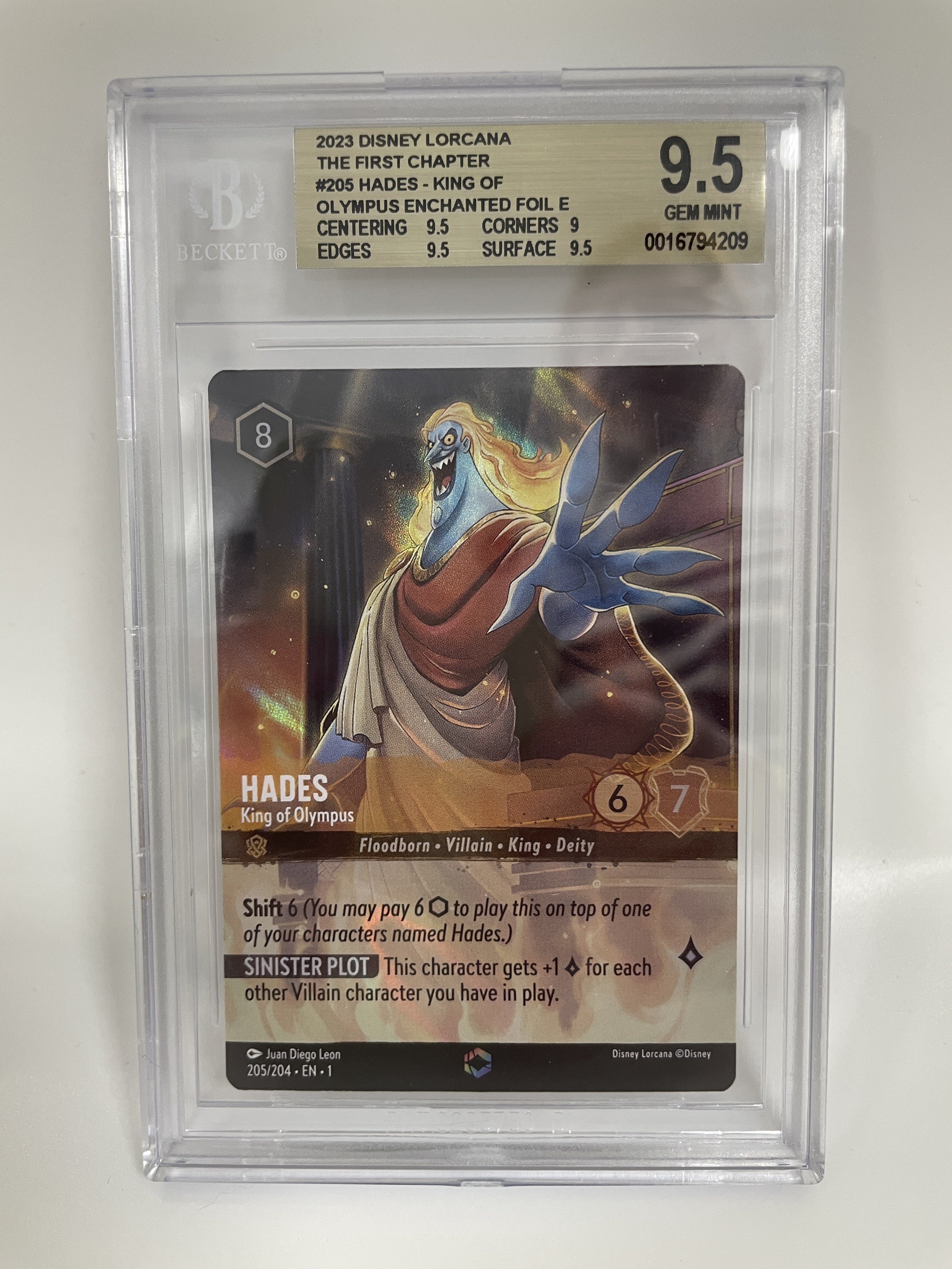 BGS 9.5 2023 Disney Lorcana The First Chapter #205 Hades - King Of Olympus Enchanted Foil