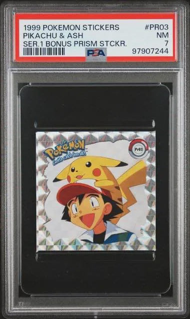 PSA - 7 1999 Pokemon Stickers Pikachu & Ash Ser.1 Bonus Prism Stckr  [97907244]