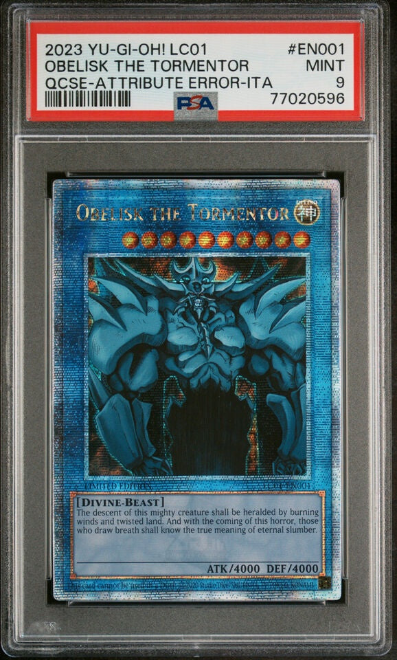 PSA 9 2023 Yu-Gi-Oh! LC01 Obelisk The Tormentor QCSE - Attribute Error - ITA #EN001 (77020596)